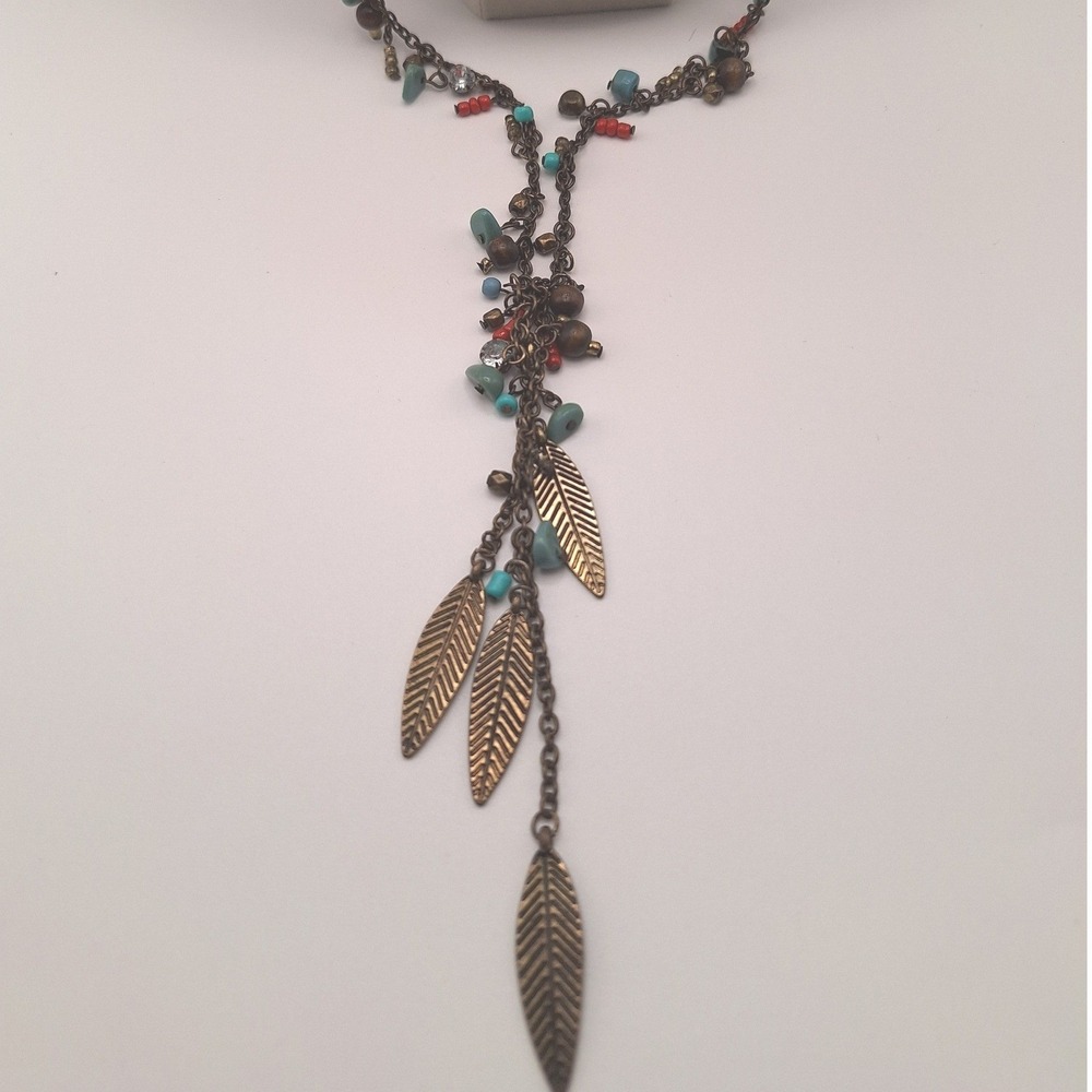 Southwestern feather lariat necklace dangle blue red stones bronze tone Bo Ho